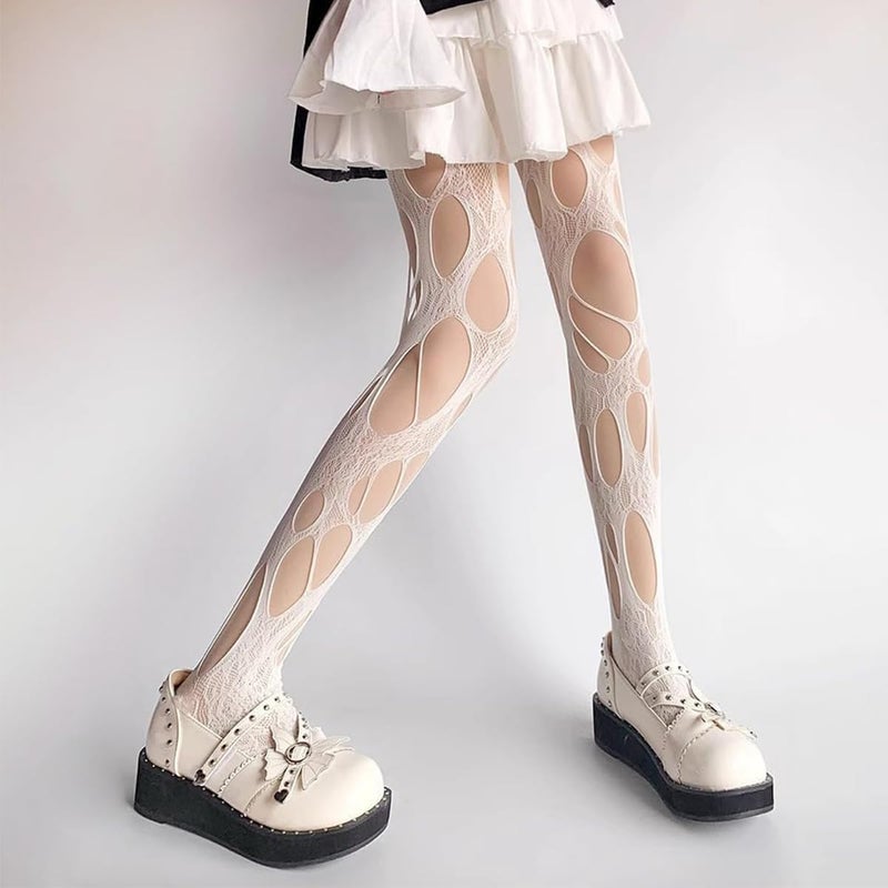 CARALL Women's Ripped Fishnet Tights Gothic Irregular Distressed Hole Hollow Out Mesh Tights Stockings Y2k White Lace Pantyhose for Women Girls Halloween Cosplay Masquerade Party Accessories - Image 5